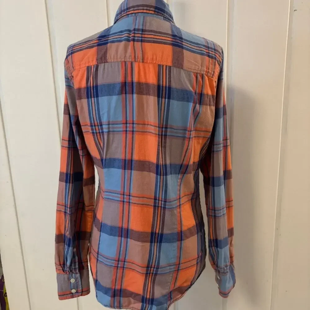 J. Crew Women's Flannel Perfect Shirt Plaid Orange Blue Size Small 100% Cotton